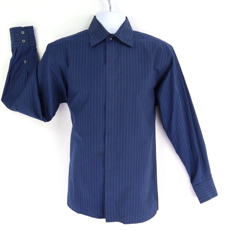 Perry Ellis Dress Shirt Mens Size M Dark Blue Striped Cotton Blend Spread Collar